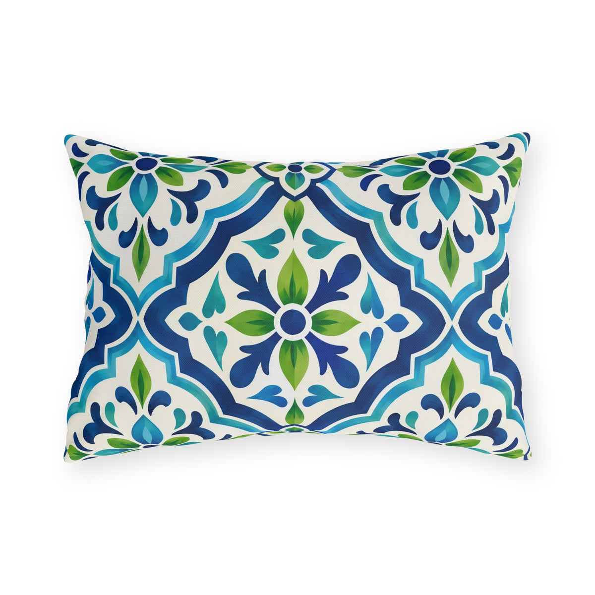Blue and green Moroccan tile pattern on a white outdoor lumbar pillow