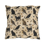 Black cats, ravens, hawks and autumn leaves on parchment cream outdoor pillow