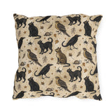 Black cats, ravens, hawks and autumn leaves on parchment cream outdoor pillow