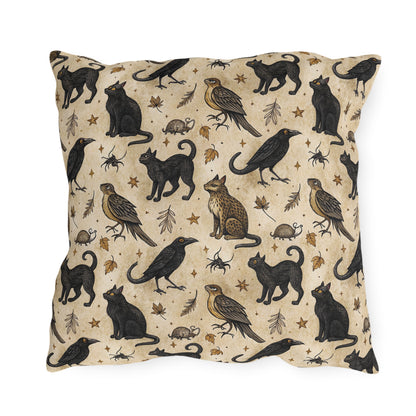Black cats, ravens, hawks and autumn leaves on parchment cream outdoor pillow