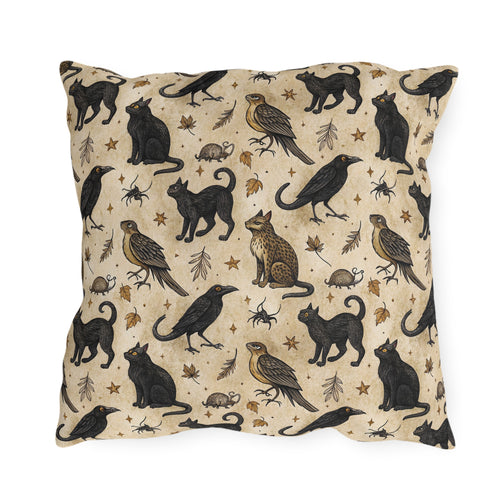 Black cats, ravens, hawks and autumn leaves on parchment cream outdoor pillow