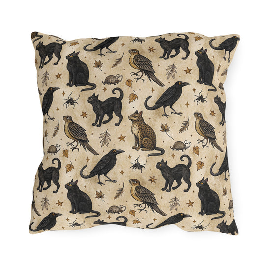 Black cats, ravens, hawks and autumn leaves on parchment cream outdoor pillow
