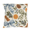 Christmas outdoor pillow with watercolor blue and sage gingham bows, dried orange slices, cinnamon sticks, pinecones and pine on cream