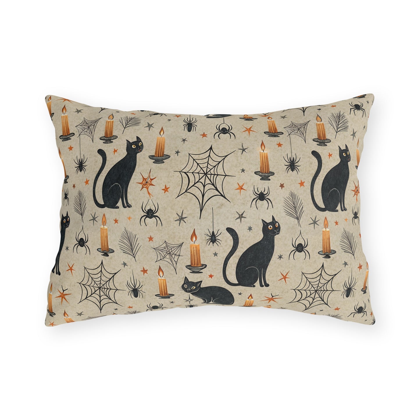 Black cats, lit candles and spiderwebs on oatmeal cream outdoor lumbar pillow