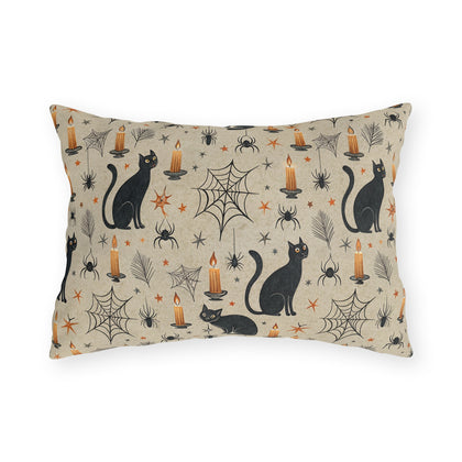 Black cats, lit candles and spiderwebs on oatmeal cream outdoor lumbar pillow