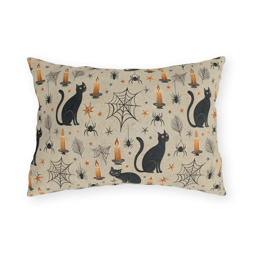 Black cats, lit candles and spiderwebs on oatmeal cream outdoor lumbar pillow