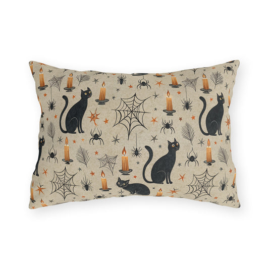 Black cats, lit candles and spiderwebs on oatmeal cream outdoor lumbar pillow