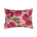 Floral outdoor lumbar pillow with large painted raspberry pink anemones and olive green leaves on blush