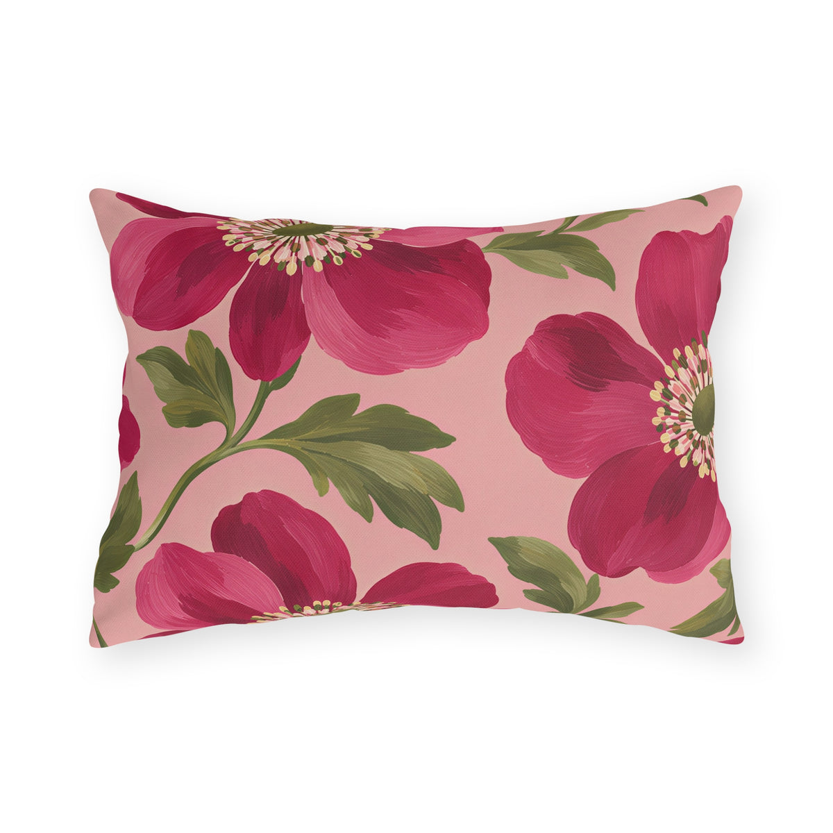 Floral outdoor lumbar pillow with large painted raspberry pink anemones and olive green leaves on blush