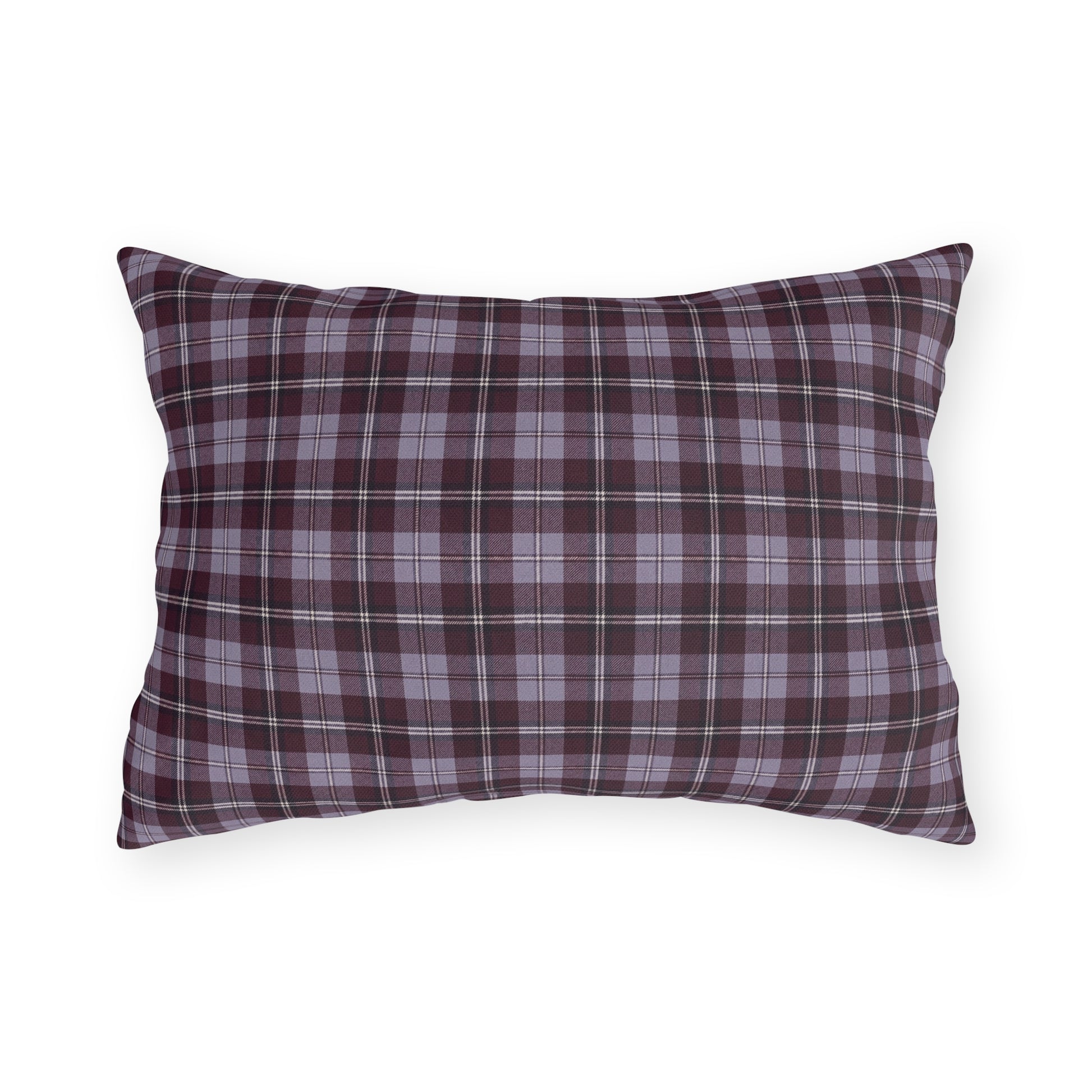 Burgundy and lavender grey tartan plaid outdoor lumbar pillow