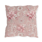 Pink poinsettias, snowflakes and pearls on dusty rose outdoor pillow