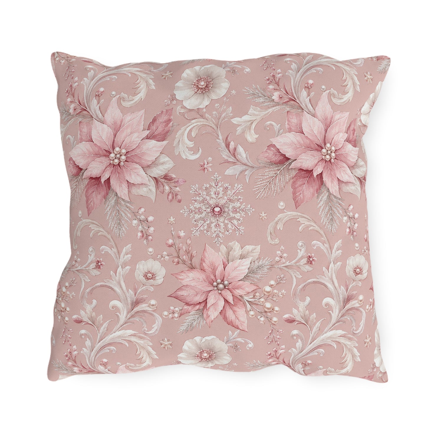 Pink poinsettias, snowflakes and pearls on dusty rose outdoor pillow