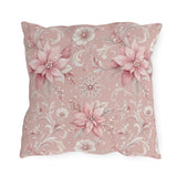 Pink poinsettias, snowflakes and pearls on dusty rose outdoor pillow
