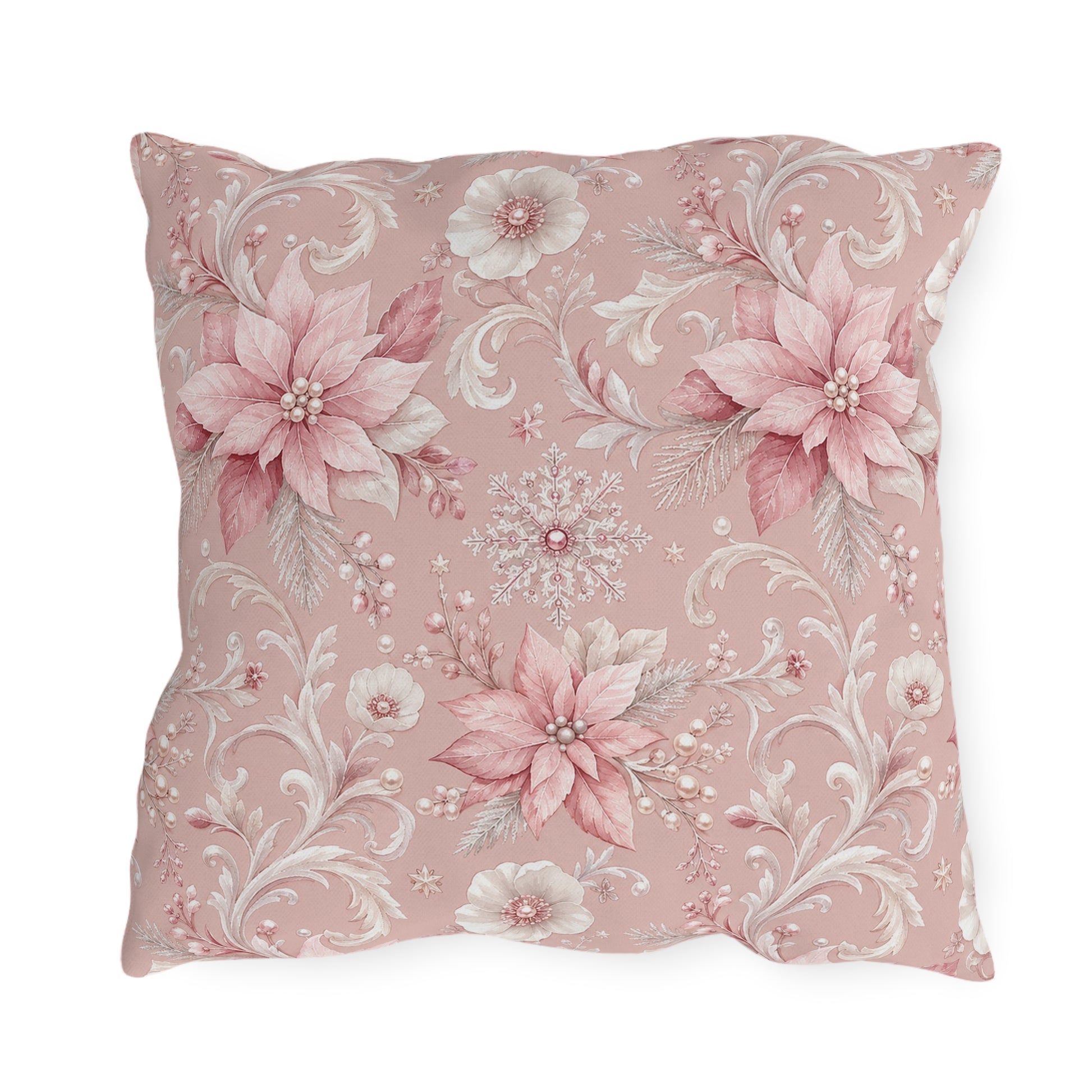 Pink poinsettias, snowflakes and pearls on dusty rose outdoor pillow
