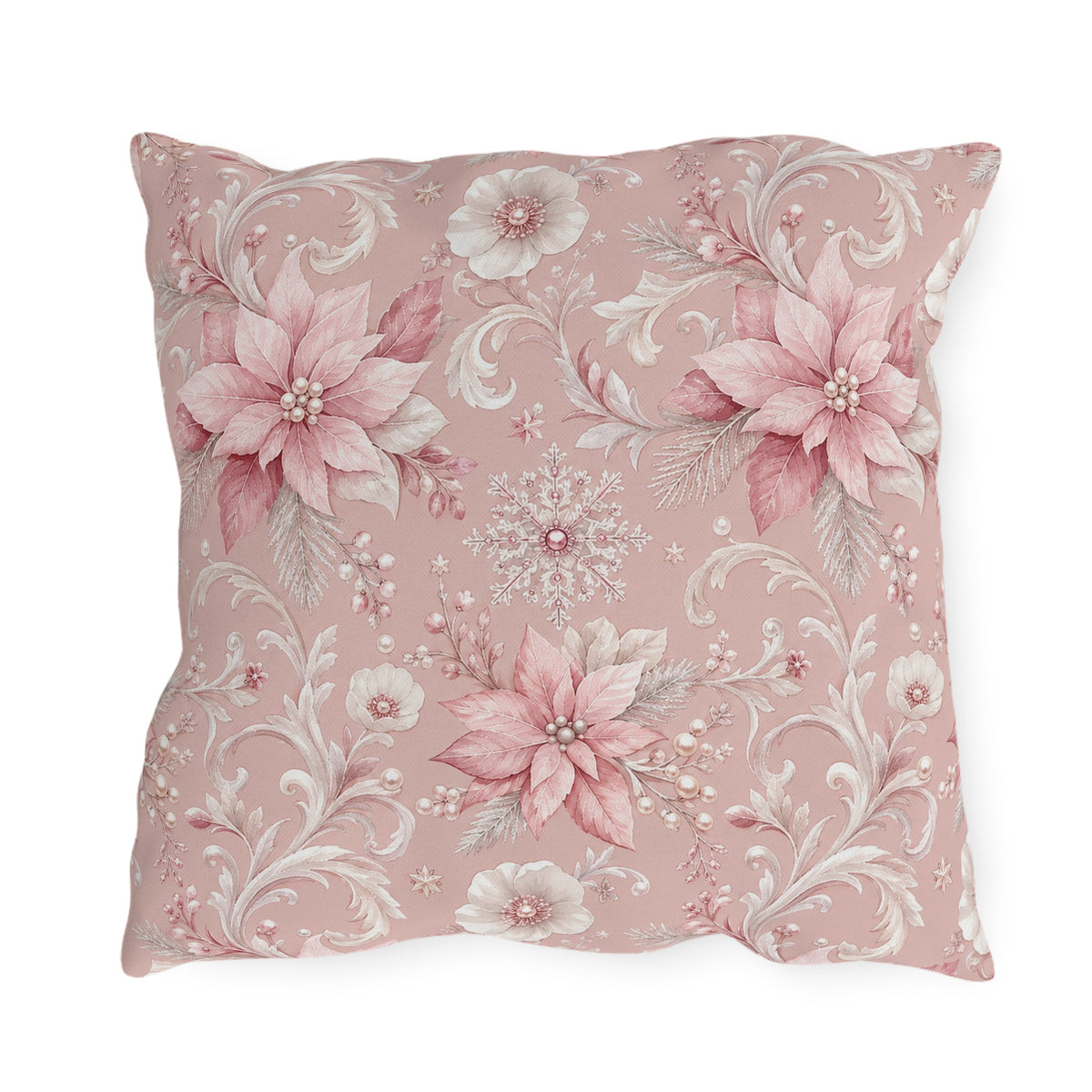Pink poinsettias, snowflakes and pearls on dusty rose outdoor pillow