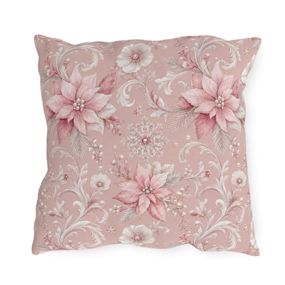 Pink poinsettias, snowflakes and pearls on dusty rose outdoor pillow