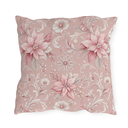 Pink poinsettias, snowflakes and pearls on dusty rose outdoor pillow