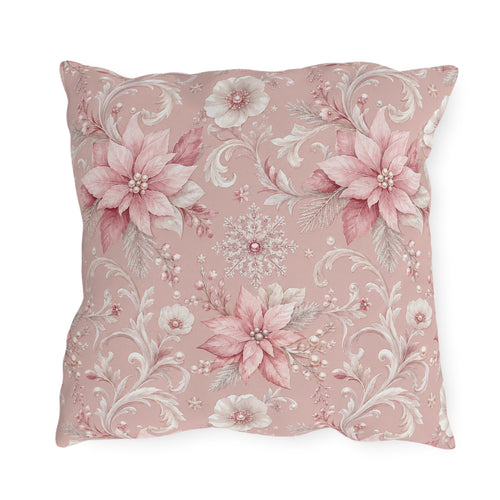 Pink poinsettias, snowflakes and pearls on dusty rose outdoor pillow
