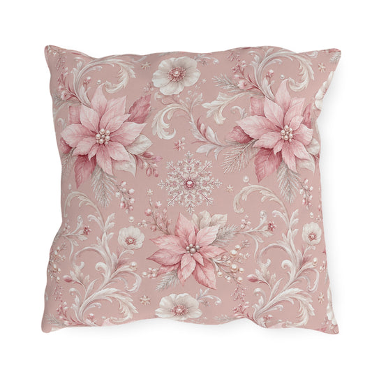 Pink poinsettias, snowflakes and pearls on dusty rose outdoor pillow