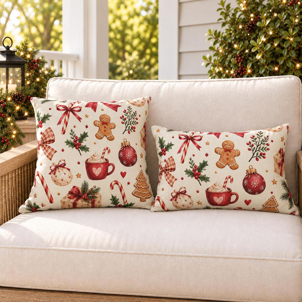 Gingerbread Treat Red Outdoor Lumbar Pillow