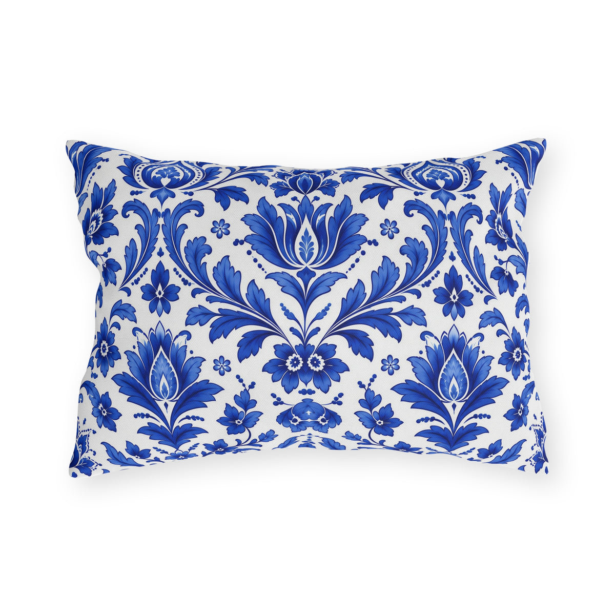 Cobalt blue delft damask pattern on a white outdoor lumbar pillow