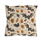 Large detailed bats and amber autumn leaves on cream outdoor pillow