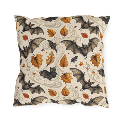 Large detailed bats and amber autumn leaves on cream outdoor pillow