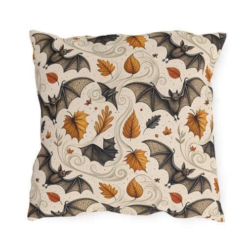 Large detailed bats and amber autumn leaves on cream outdoor pillow