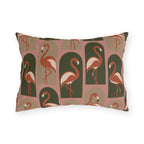 Flamingo outdoor lumbar pillow with coral flamingos inside olive green and blush arches