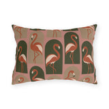 Flamingo outdoor lumbar pillow with coral flamingos inside olive green and blush arches