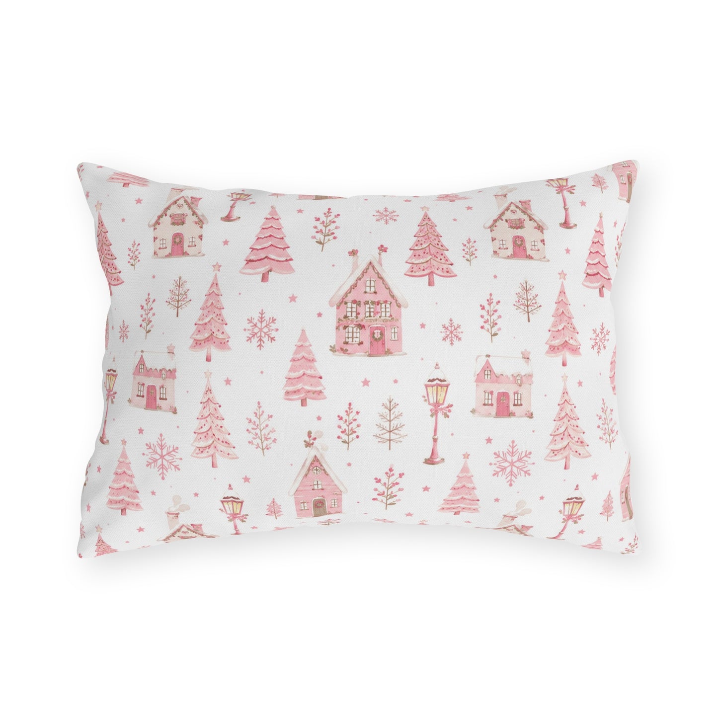 Pink gingerbread houses, trees and lampposts on white outdoor lumbar pillow