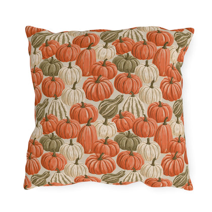 Orange, cream and green pumpkins and gourds on sand outdoor pillow