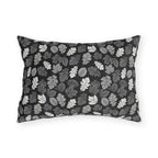 Charcoal, grey and white autumn leaves on black outdoor lumbar pillow