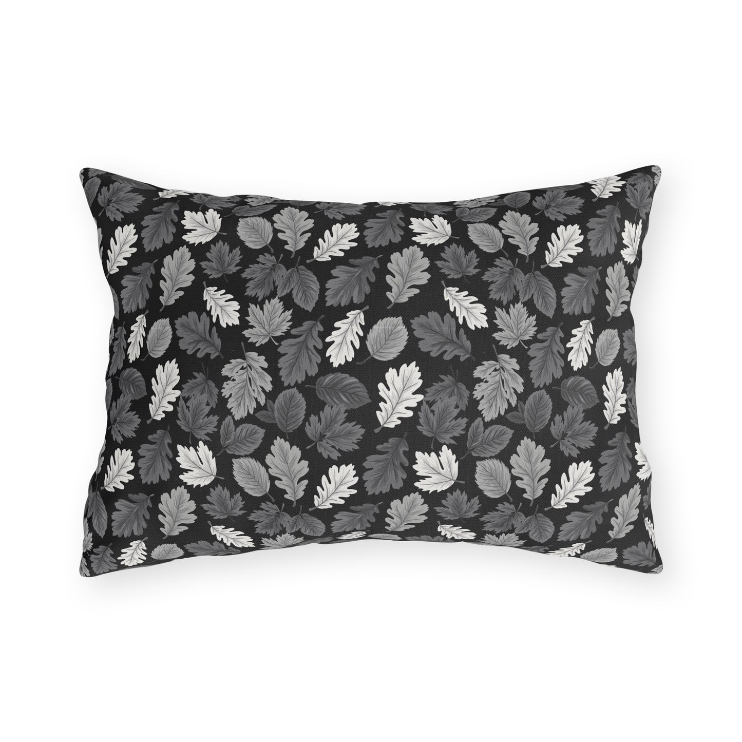Charcoal, grey and white autumn leaves on black outdoor lumbar pillow
