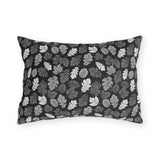 Charcoal, grey and white autumn leaves on black outdoor lumbar pillow