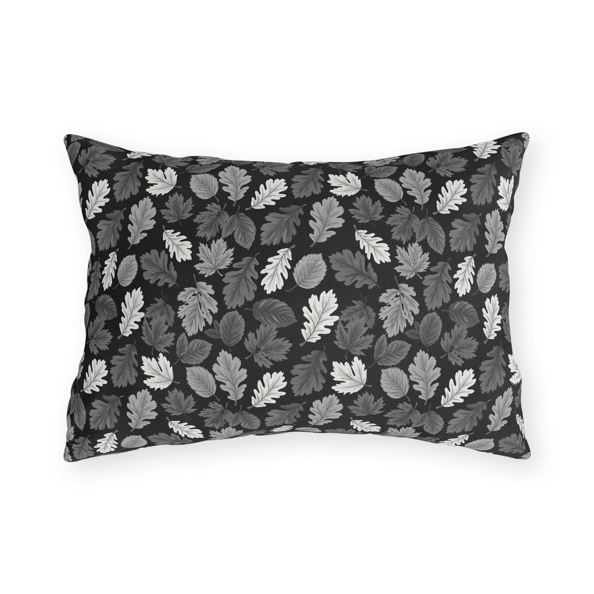 Charcoal, grey and white autumn leaves on black outdoor lumbar pillow