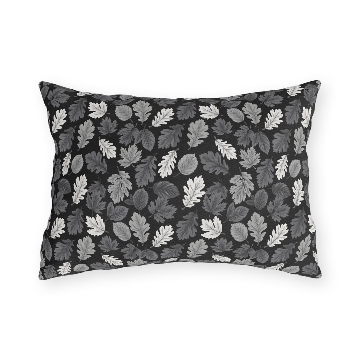 Charcoal, grey and white autumn leaves on black outdoor lumbar pillow