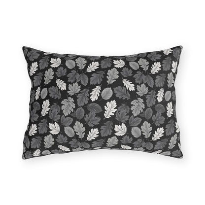 Charcoal, grey and white autumn leaves on black outdoor lumbar pillow