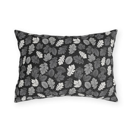 Charcoal, grey and white autumn leaves on black outdoor lumbar pillow