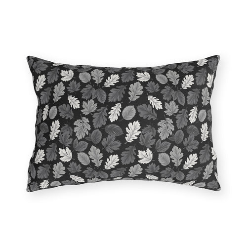 Charcoal, grey and white autumn leaves on black outdoor lumbar pillow