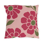 Floral outdoor pillow with oversized retro raspberry pink flowers, olive green centers and leaves on blush