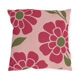 Floral outdoor pillow with oversized retro raspberry pink flowers, olive green centers and leaves on blush