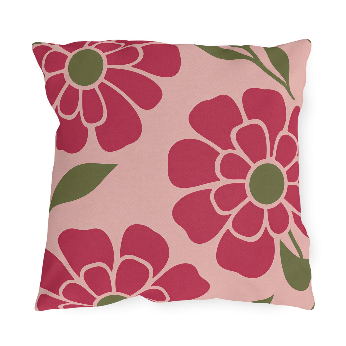 Floral outdoor pillow with oversized retro raspberry pink flowers, olive green centers and leaves on blush