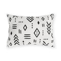 Black and white mudcloth outdoor lumbar pillow with hand-drawn arrows, diamonds and dashes in charcoal on warm white