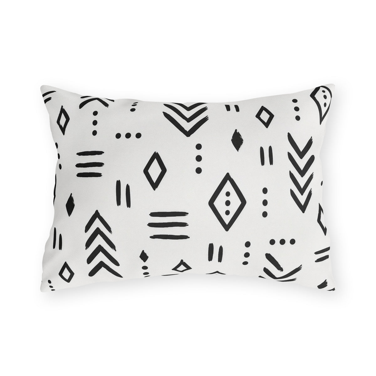 Black and white mudcloth outdoor lumbar pillow with hand-drawn arrows, diamonds and dashes in charcoal on warm white