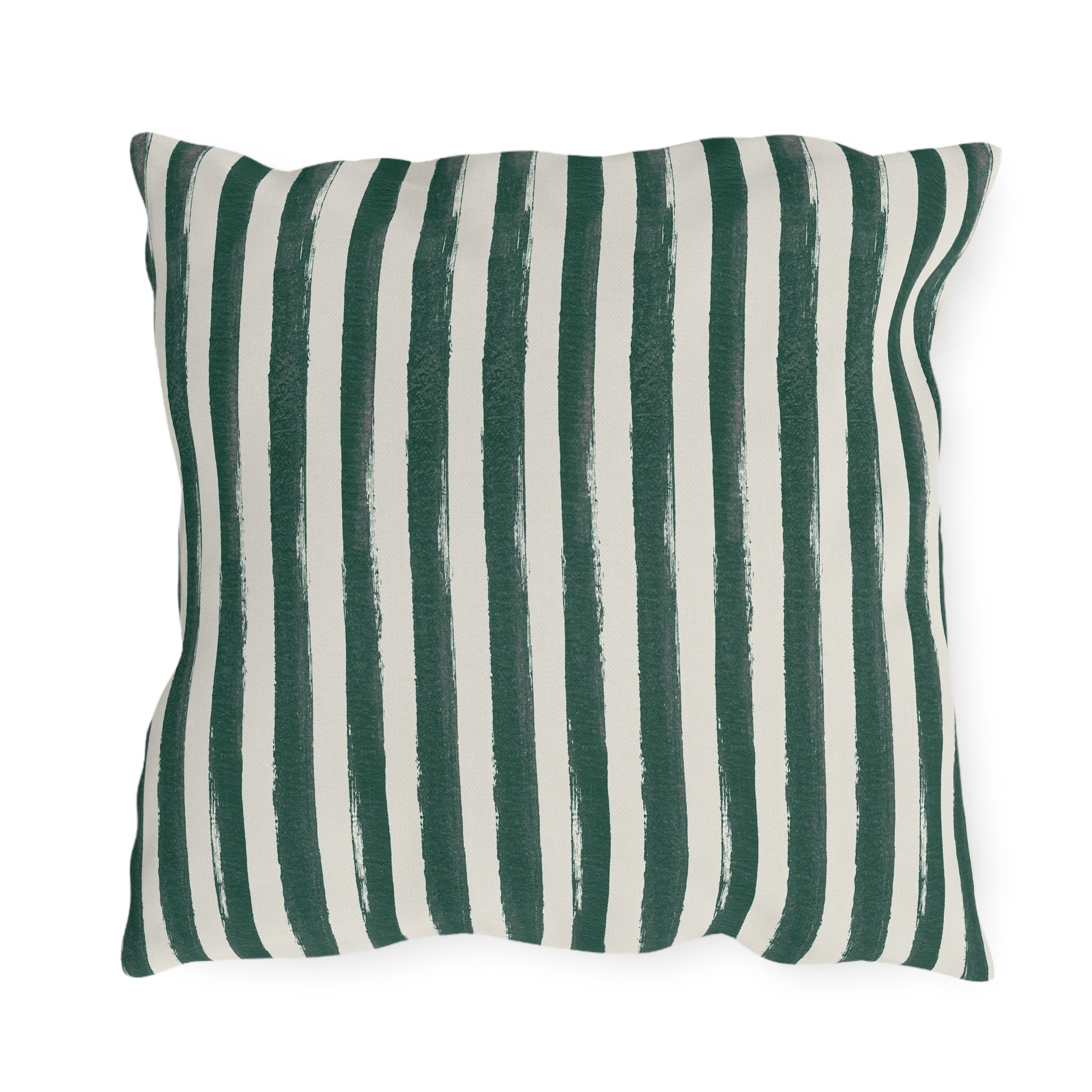 Hand-painted forest green and cream vertical stripe outdoor pillow