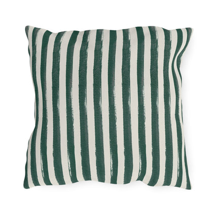 Hand-painted forest green and cream vertical stripe outdoor pillow