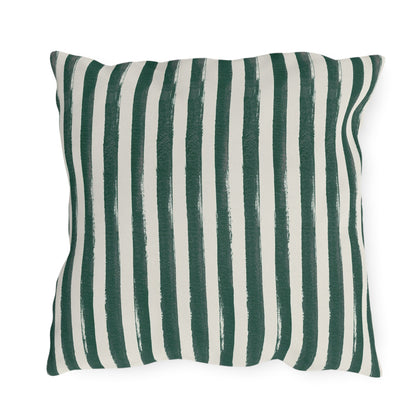 Hand-painted forest green and cream vertical stripe outdoor pillow