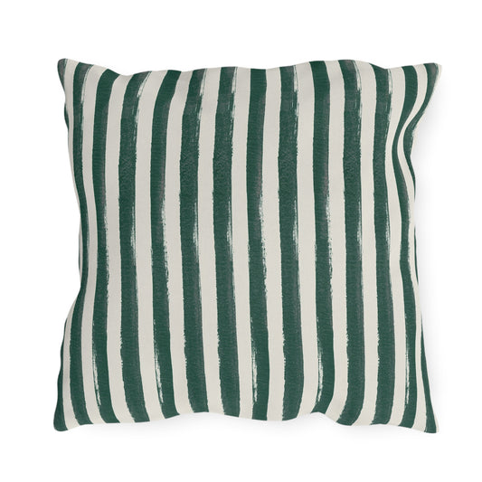 Hand-painted forest green and cream vertical stripe outdoor pillow