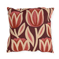 Oversized block print tulips in rose and cream on a deep oxblood outdoor pillow